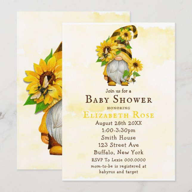 Gnome Sunflower Bees Baby Shower Invitations  (Front/Back)