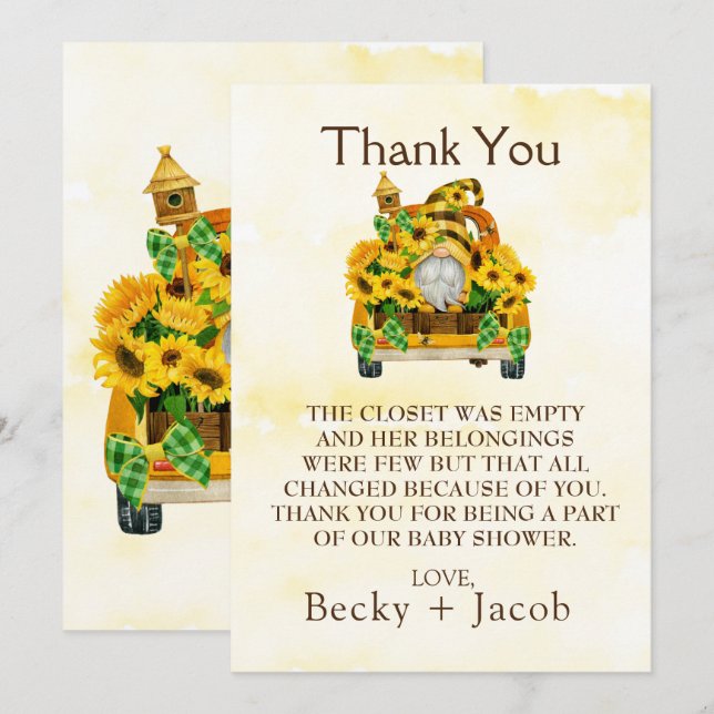 Gnome Sunflower Bees Baby Shower Thank You Cards (Front/Back)