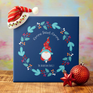 Gnome Sweet Gnome Blue Modern Elf Floral Wreath Ceramic Tile