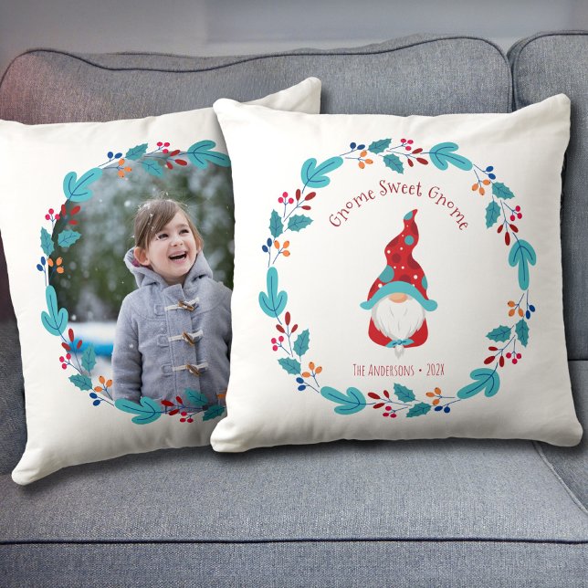 Gnome Sweet Gnome Cute Elf Floral Wreath Photo Cushion (Creator Uploaded)