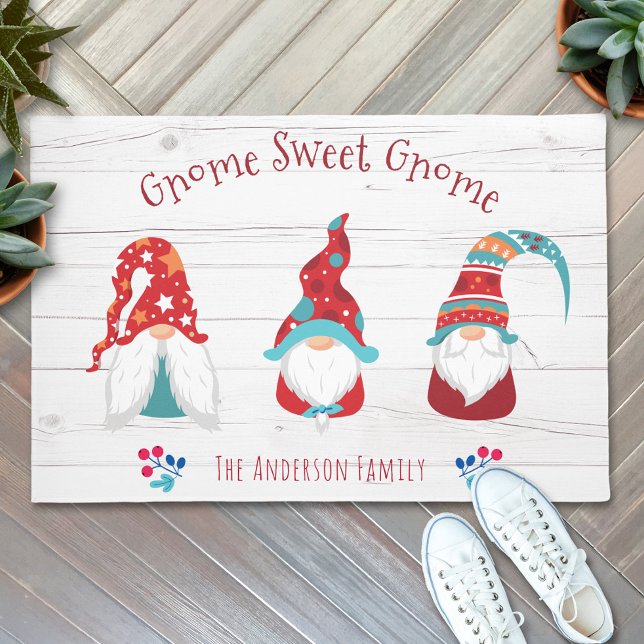 Gnome Sweet Gnome Cute Elf Rustic Wood Custom Name Doormat (Creator Uploaded)