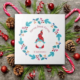 Gnome Sweet Gnome Cute Modern Elf Floral Wreath Ceramic Tile