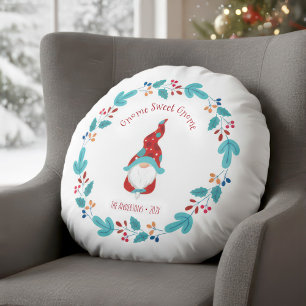 Gnome Sweet Gnome Cute Modern Elf Floral Wreath Round Cushion