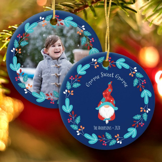 Gnome Sweet Gnome Elf Floral Wreath Photo Blue Ceramic Ornament (Creator Uploaded)