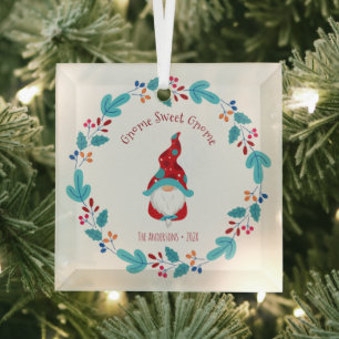 Gnome Sweet Gnome Elf Floral Wreath Whimsical Fun  Glass Tree Decoration