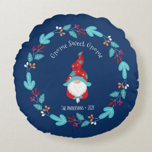 Gnome Sweet Gnome Modern Elf Floral Wreath Blue Round Cushion