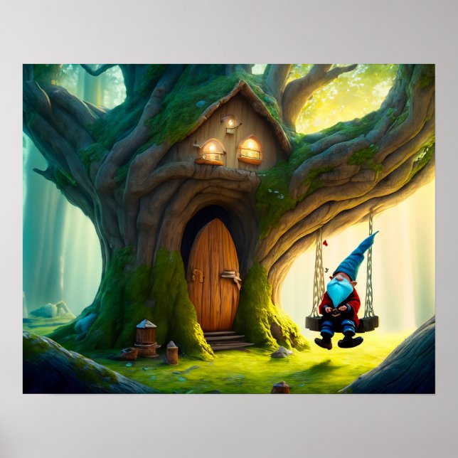 Gnome Swinging on a Swing from his Tree House. Poster (Front)