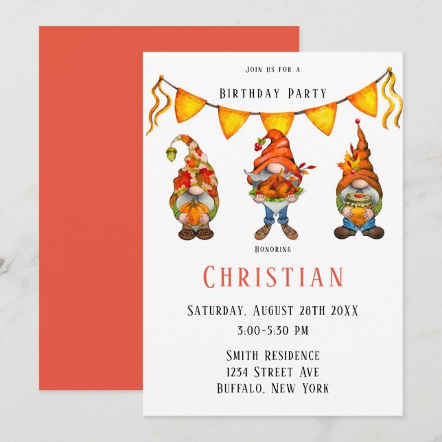 Gnome Thanksgiving Theme Birthday Party Invitation (Front/Back)