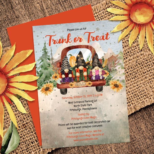 Gnome Trio in Truck Halloween Trunk or Treat  Invitation (Join this cute little gnome trio in celebrating Halloween with a Trunk or Treat event!  Lots of fun!)