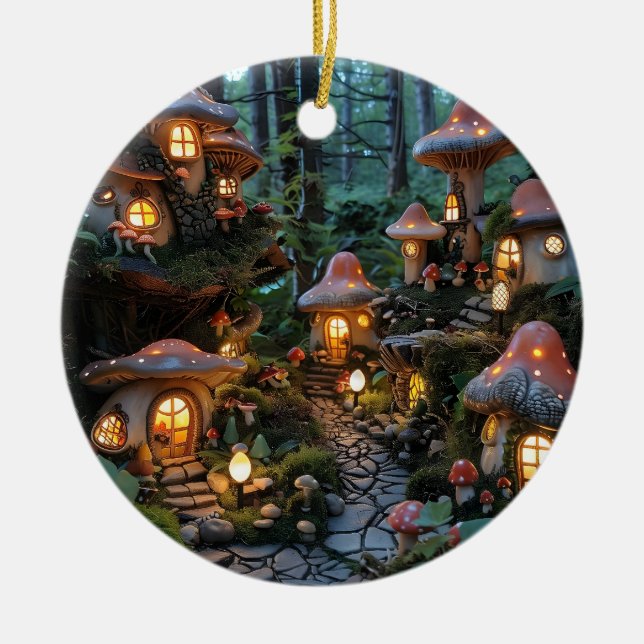 Gnome village at evening time ceramic ornament (Front)