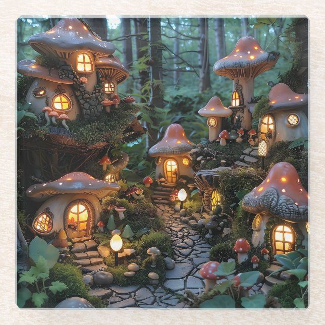 Gnome village at evening time glass coaster (Front)