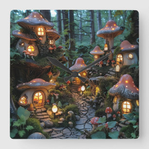Gnome village at evening time square wall clock