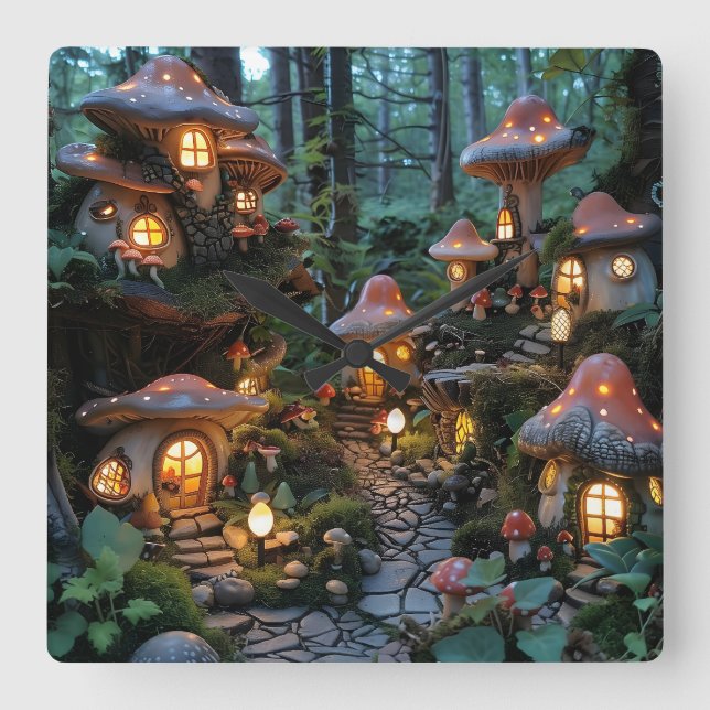 Gnome village at evening time square wall clock (Front)