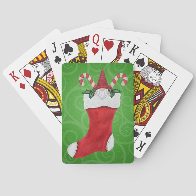 Gnome Wearing Red Hat in Christmas Stocking Green  Playing Cards (Back)