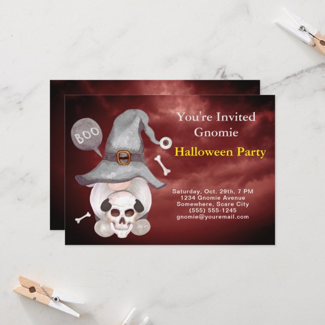 Gnome Witch Skull Cloudy Red Sky Halloween Party Invitation (Front/Back In Situ)