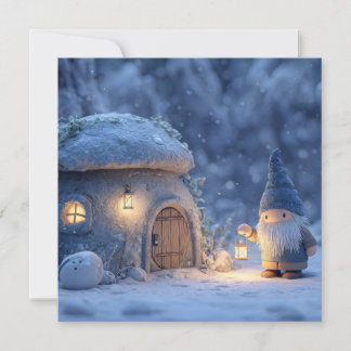 Gnome with a Lantern Outside a Snowy Stone Hut