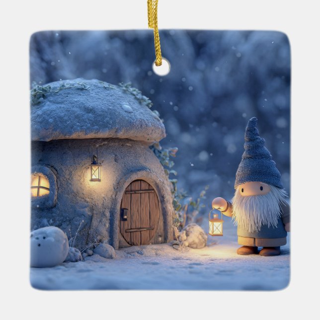 Gnome with a Lantern Outside a Snowy Stone Hut Ceramic Ornament (Front)