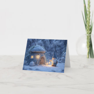 Gnome with a Lantern Outside a Snowy Stone Hut Holiday Card