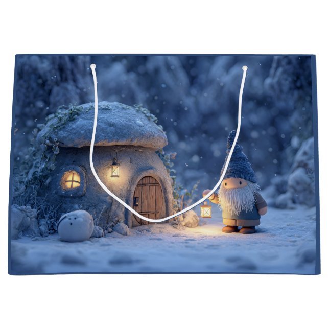 Gnome with a Lantern Outside a Snowy Stone Hut Large Gift Bag (Front)