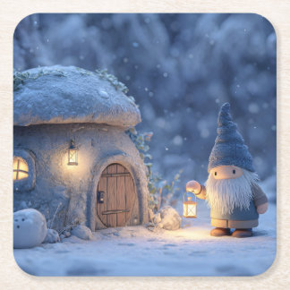 Gnome with a Lantern Outside a Snowy Stone Hut Square Paper Coaster