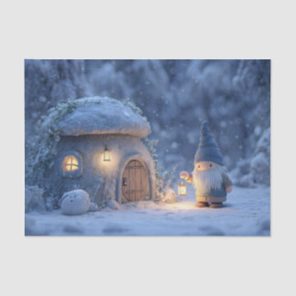 Gnome with a Lantern Outside a Snowy Stone Hut Tissue Paper