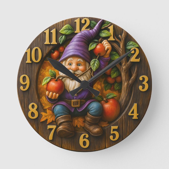 Gnome with apples harvest fantasy round clock (Front)