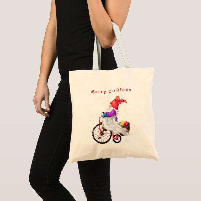 Gnome with Bike and Gift Christmas Tote Bag (Front (Product))