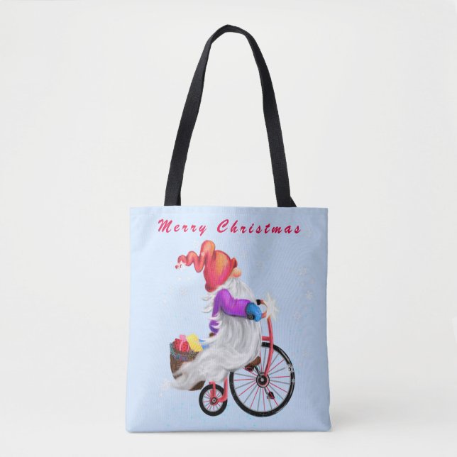 Gnome with Bike Christmas Tote Bag (Front)