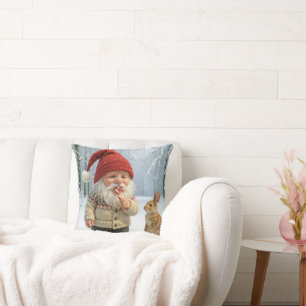 Gnome With Enjoying a Candy Cane In Snowy Forest Cushion