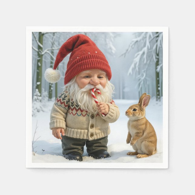 Gnome With Enjoying a Candy Cane In Snowy Forest Napkin (Front)