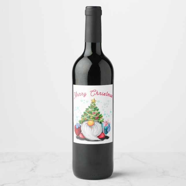 Gnome with Gift Christmas Wine Labels (Front)