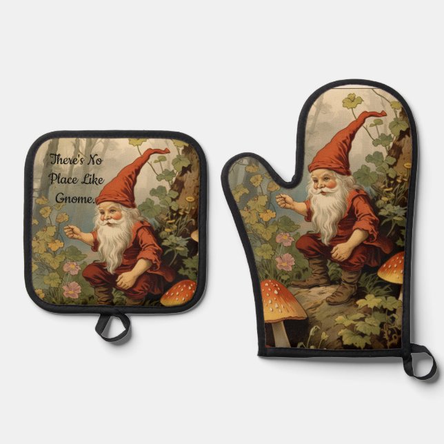 Gnome With Mushrooms Oven Mitt and Pot Holders Set (Front)