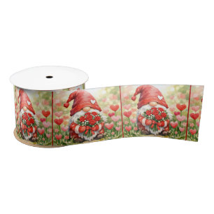 Gnome with Red Roses In a Garden Satin Ribbon