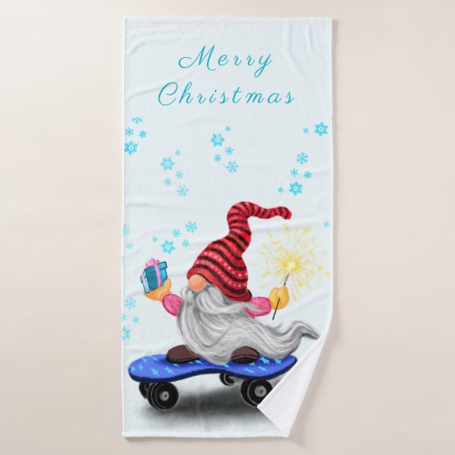 Gnome with Skateboard Christmas Bath Towels (Bath Towel)