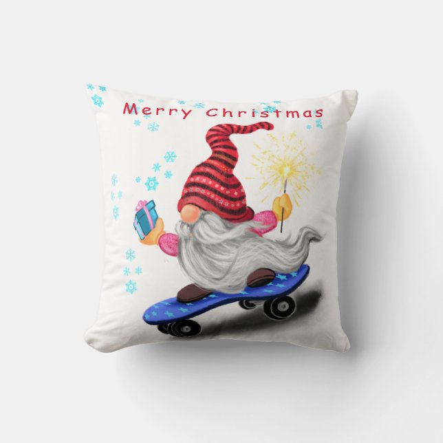Gnome with Skateboard Christmas Pillow (Front)