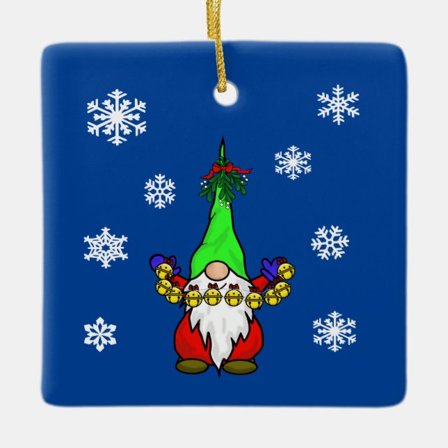 Gnome with Sleigh Bells Story Christmas Ornament (Front)