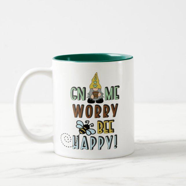 Gnome Worry Bee Happy! Two-Tone Coffee Mug (Left)