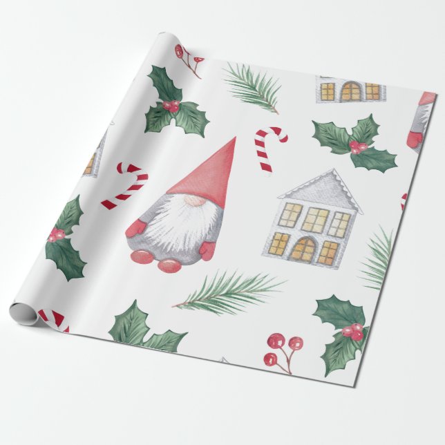 GNOMES AND CANDY CANE CHRISTMAS WRAPPING PAPER (Unrolled)