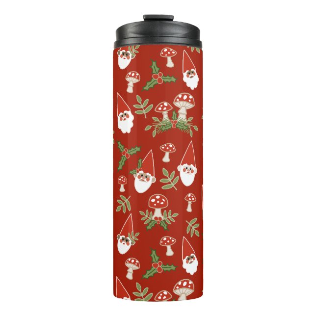 Gnomes and Mushrooms on Cranberry Thermal Tumbler (Front)