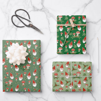 Gnomes and Mushrooms on Greens Holiday Wrapping Paper Sheet
