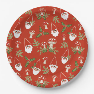 Gnomes and Mushrooms on Red Woodland Holiday Paper Plate