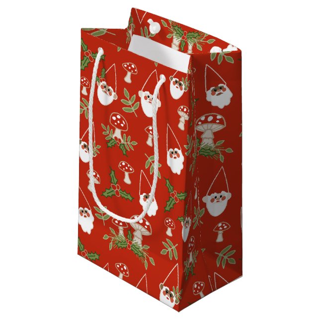 Gnomes and Mushrooms on Red Woodland Holiday Small Gift Bag (Front Angled)