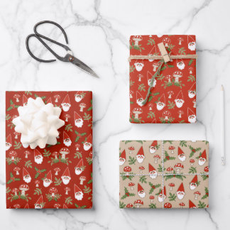 Gnomes and Mushrooms Red and Natural Holiday Wrapping Paper Sheet