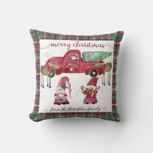 Gnomes Christmas Tree Farm Red Truck Gray Plaid Cushion