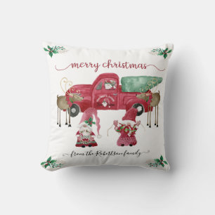 Gnomes Christmas Tree Farm Red Truck Watercolor Cushion