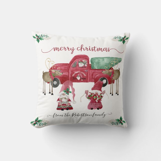 Gnomes Christmas Tree Farm Red Truck Watercolor Cushion (Front)
