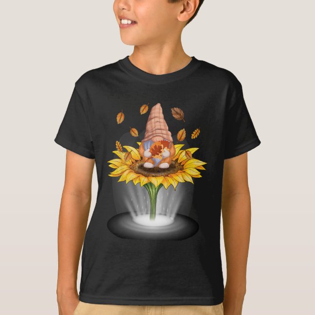 Gnomes Fall Leaf tree Autumn Beam Sunflower Thanks T-Shirt (Front)