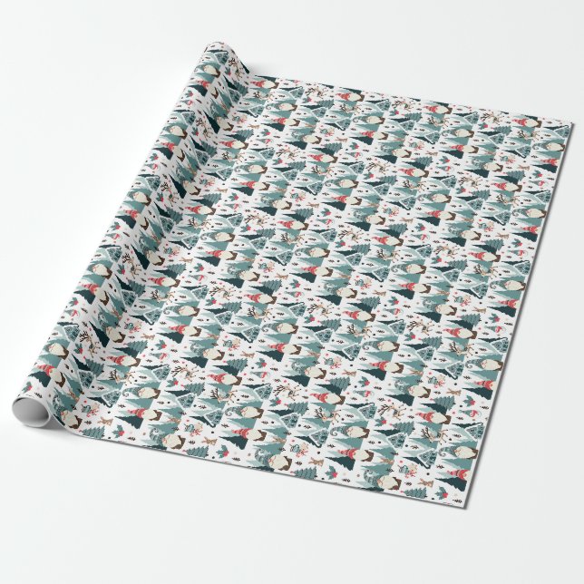 Gnomes, fir trees, snowmen, rabbits, deer, forest wrapping paper (Unrolled)