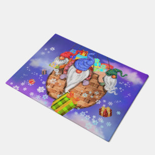 Gnomes Flying A Balloon and Gives Christmas Gifts Doormat