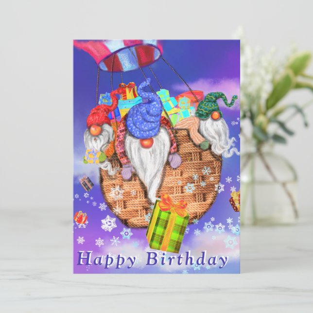 Gnomes Flying A Balloon and Gives Gifts - Birthday (Standing Front)